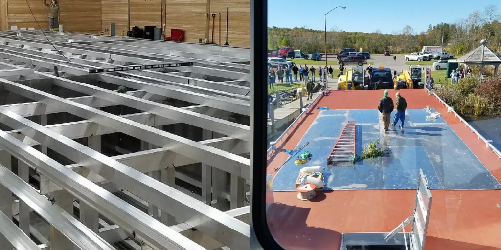 On left, a large frame of I-beams under construction in warehouse; on right, sheet of aluminum laying flat.